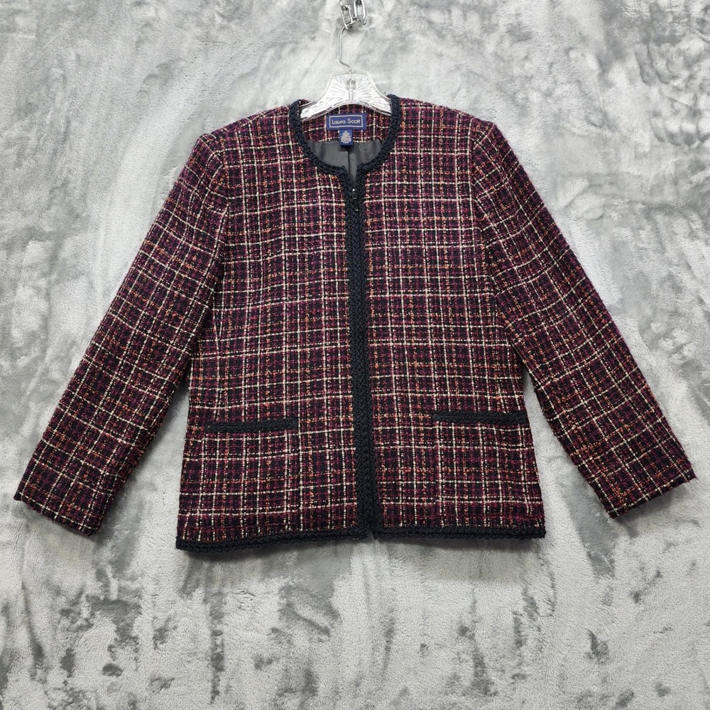 Vintage Laura Scott Jacket Womens 12 Multicolor Plaid Tweed Zip Blazer Preppy